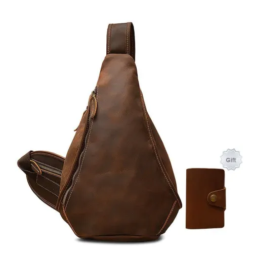 Simple&nature Handmade Genuine Leather Cow Leather Biker Bag Sling Large Size Men's Dark Brown