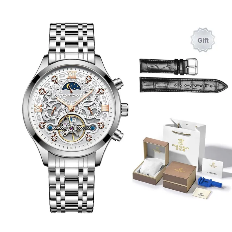 ROLENDO R Automatic Mechanical Movement Stainless Steel Watchband Watch Men's Watches White Dial-1