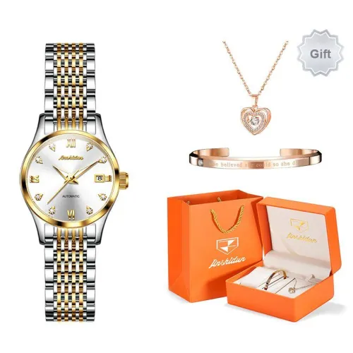 Jin Shi Dun Box Mechanical Movement Stainless Steel Watchband Chinese Watches Women's Watch White Dial