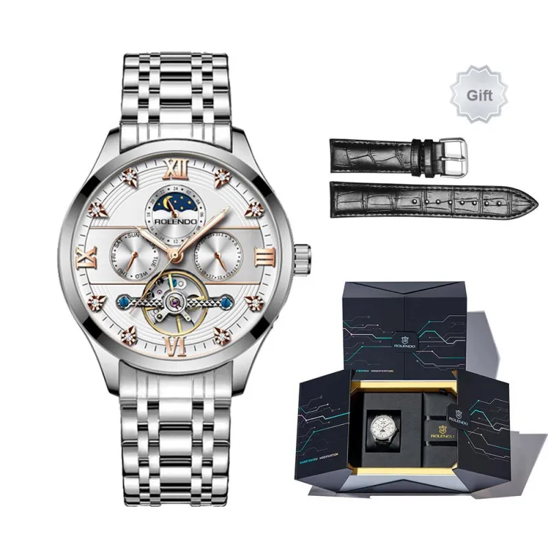 ROLENDO R Automatic Mechanical Movement Stainless Steel Watchband Watch Men's Watches White Dial-37