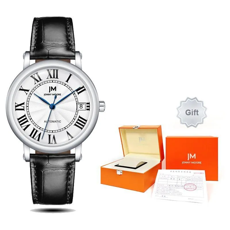 JONNY MOORE J1637L Collection Automatic Mechanical Movement Genuine Leather Strap Watch Unisex White Dial-1