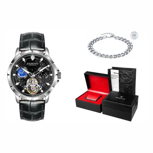 RENOVO Automatic Mechanical Movement Genuine Leather Strap Chinese Watches Men's Watches Blue Dial