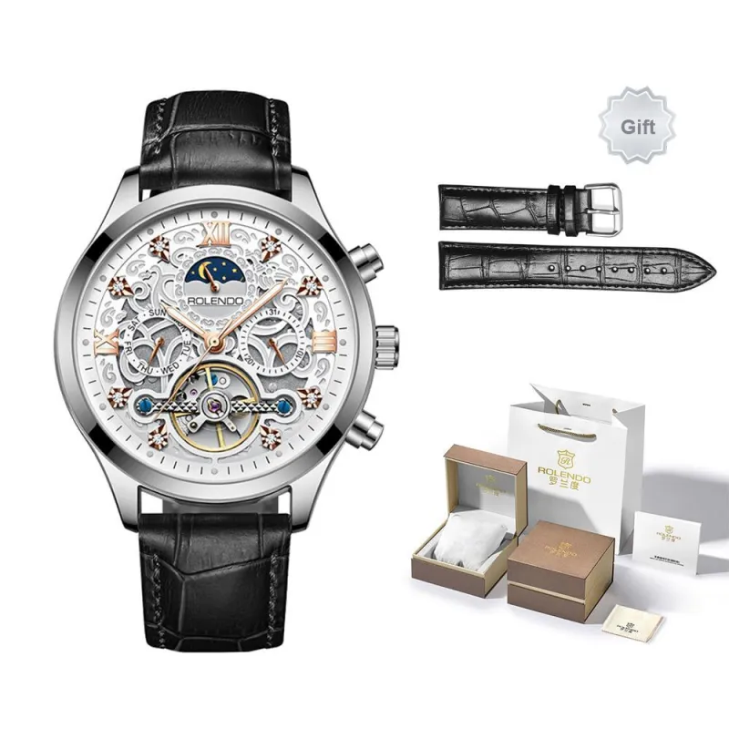 ROLENDO R Automatic Mechanical Movement Stainless Steel Watchband Watch Men's Watches White Dial-12