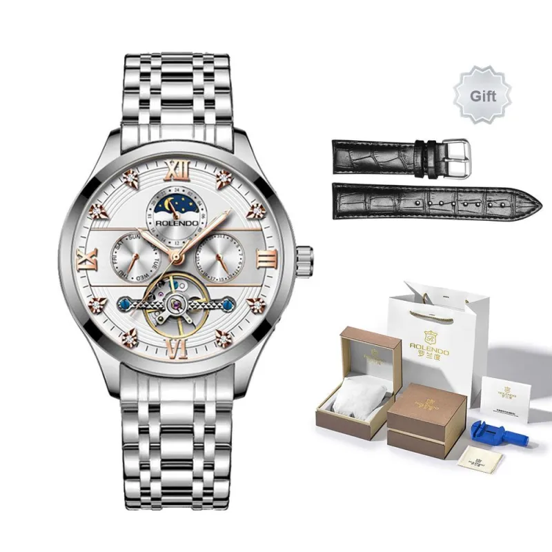 ROLENDO R Automatic Mechanical Movement Stainless Steel Watchband Watch Men's Watches White Dial-8