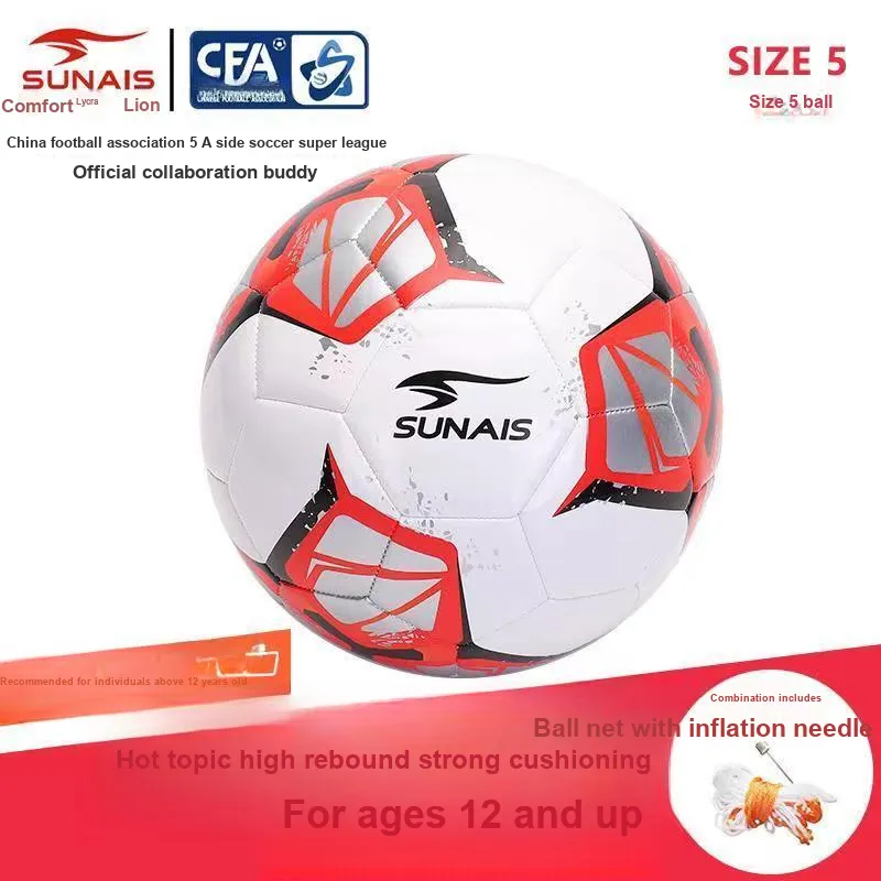SUNAIS Size 5 Soccer TPU Machine Stitched Soccer Ball Unisex White Red-2