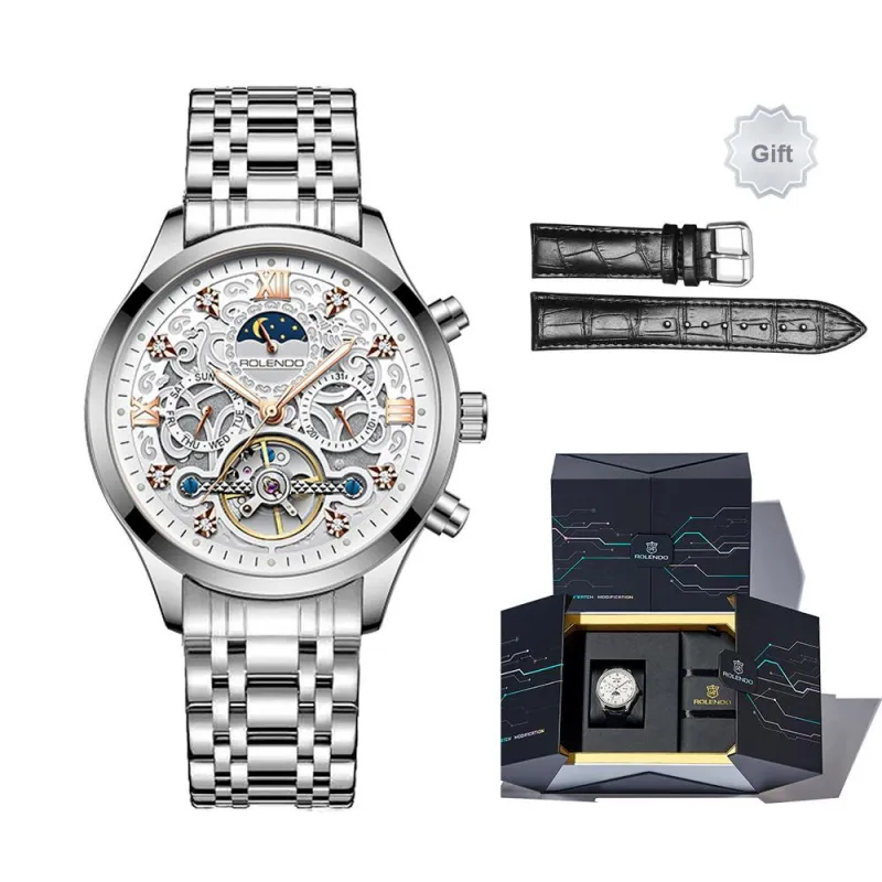 ROLENDO R Automatic Mechanical Movement Stainless Steel Watchband Watch Men's Watches White Dial-33