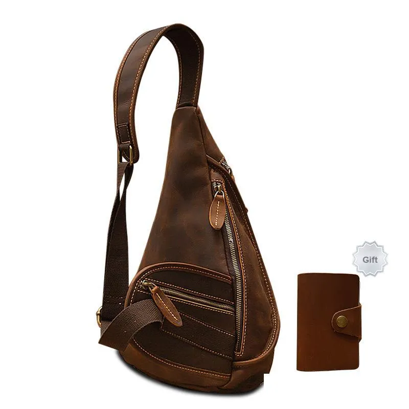 Simple&nature Handmade Genuine Leather Cow Leather Biker Bag Sling Large Size Men's Dark Brown-1