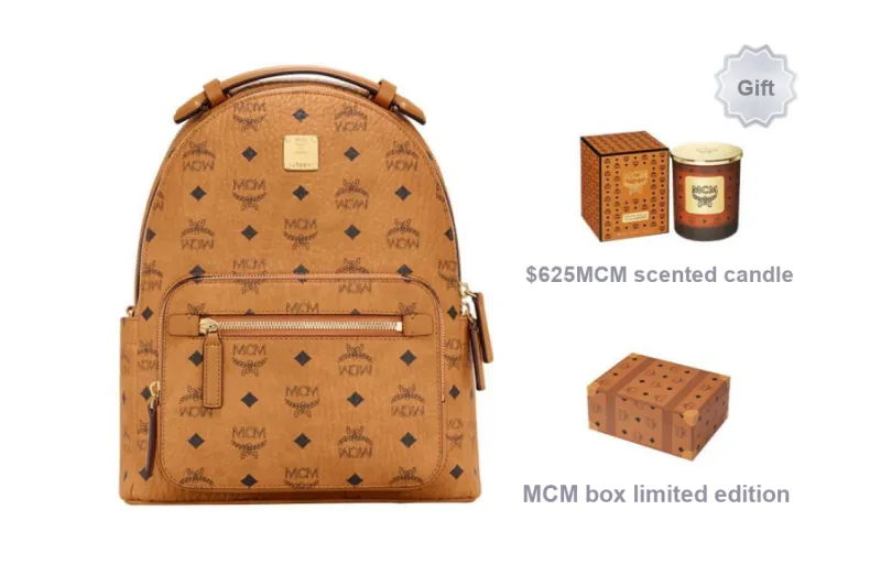MCM Stark Visetos Leather Handbag Backpack Trumpets Unisex Brown Cognac-5