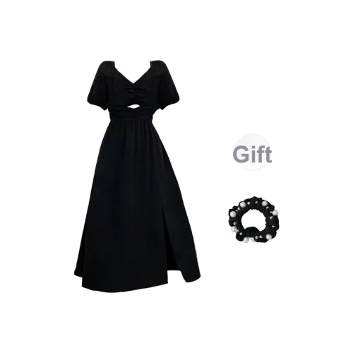 Черный + Резинка для волос С подарками Женские Короткие Платья с рукавами