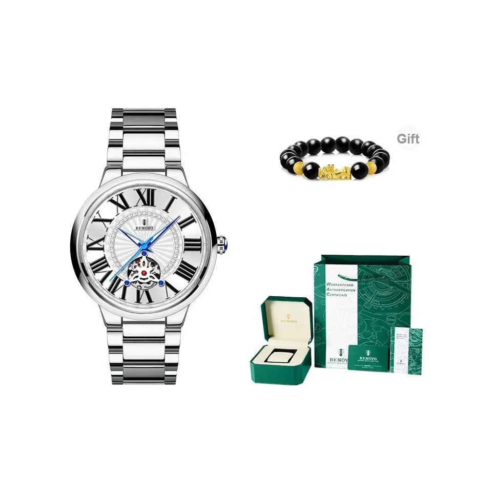 RENOVO Автоматический Механический Механизм Нержавеющая Сталь Ремешок Часы Мужские Белый Циферблат