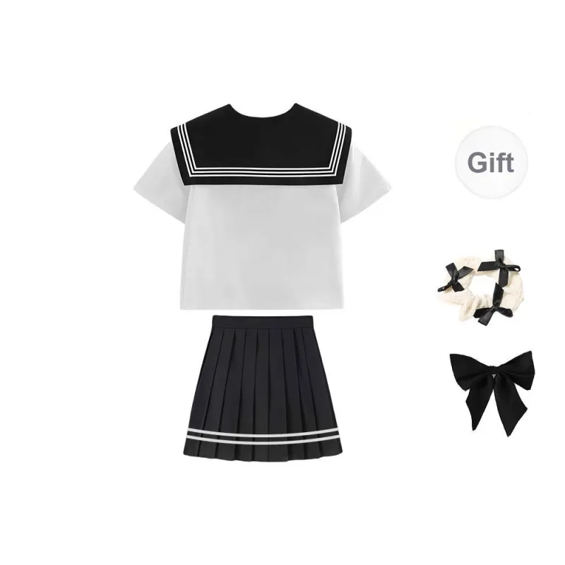 TURN UP Two Piece Skirt Sets Women's Clothing Sets Shirt+Skirt+Bowknot Hair Tie+Bow Tie Comes With-1