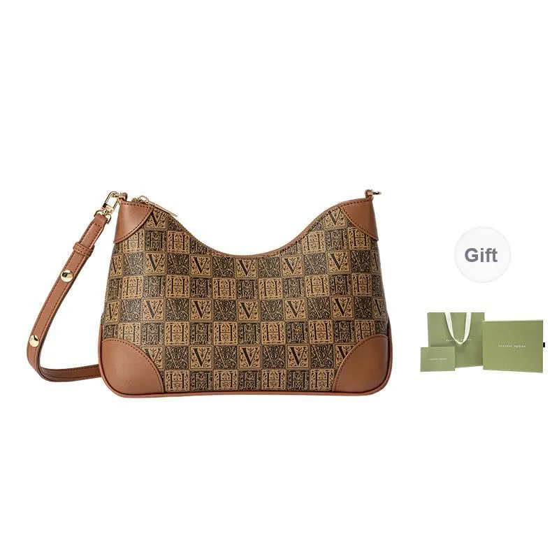 VANESSA HOGAN Monogram Cow Leather Mom Bag, Croissant Bag, Chain Bag, Shoulder Bag, Crossbody Bag Women's Dark Brown-4