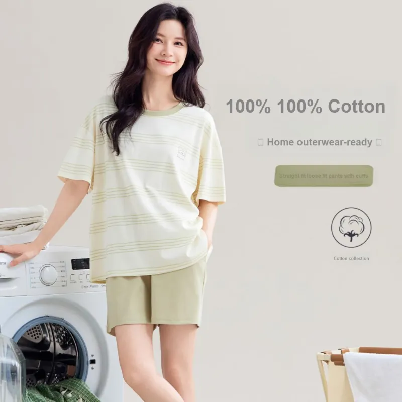 Urban Beauty Pajama Set Loungewear Short Sleeved Outerwear Ready Couple Stripes Basic Women's 2 Piece Set Light Green-1