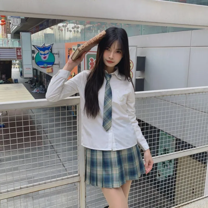 Ice Cream And Whale Uniforms Women's Jingsiyue Shirt+Qingluan Checkered Skirt Comes With Bow Tie+Hanger+School Emblem-3