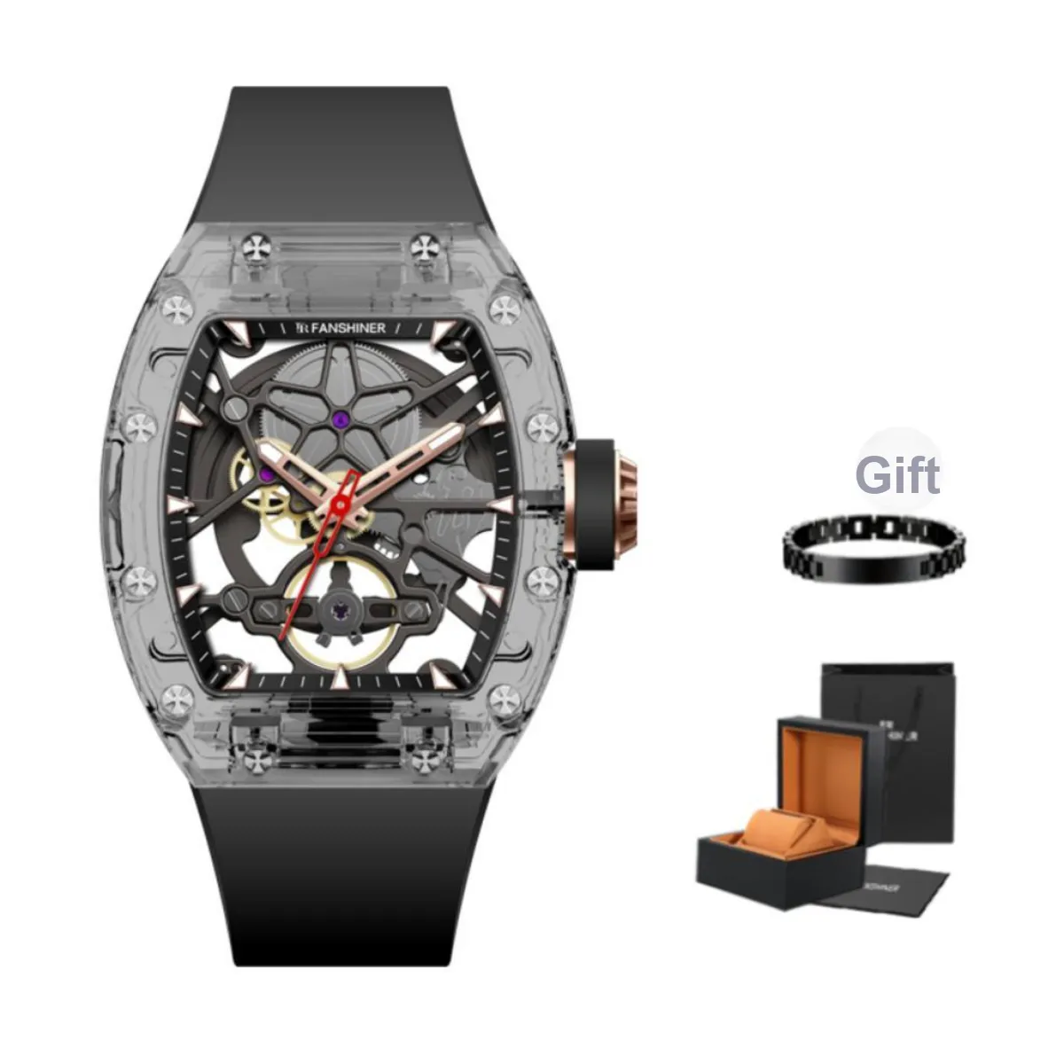 FR Mechanical Movement Eco Friendly Fluoroelastomer Strap Unisex Black Dial