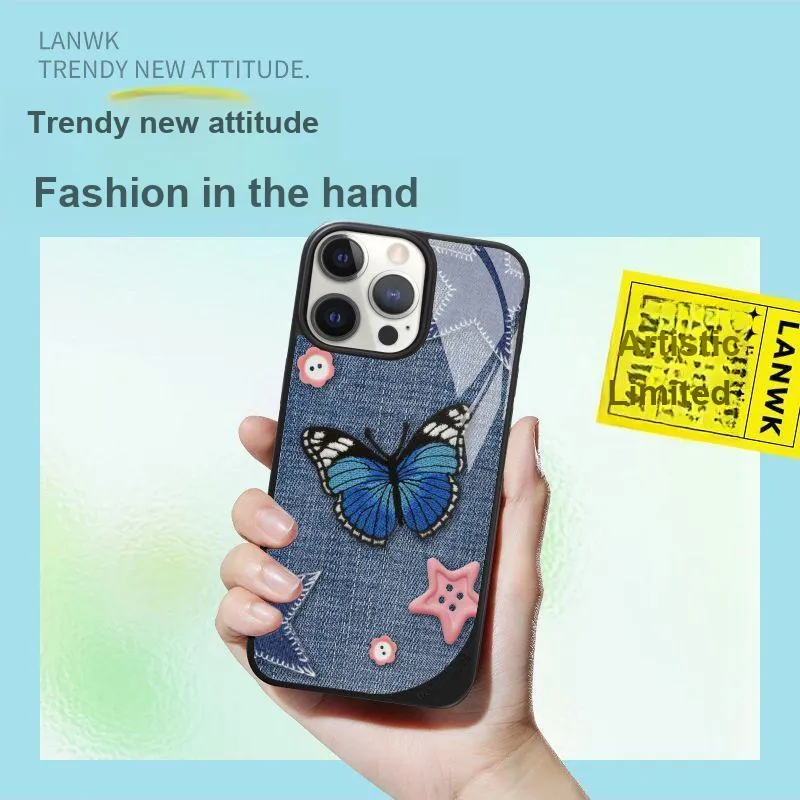 LANWK Glass Material Denim Butterfly Phone Case Compatible With Apple IPhone 14/15/16/Pro/Pro Max Case With Magnetic-3