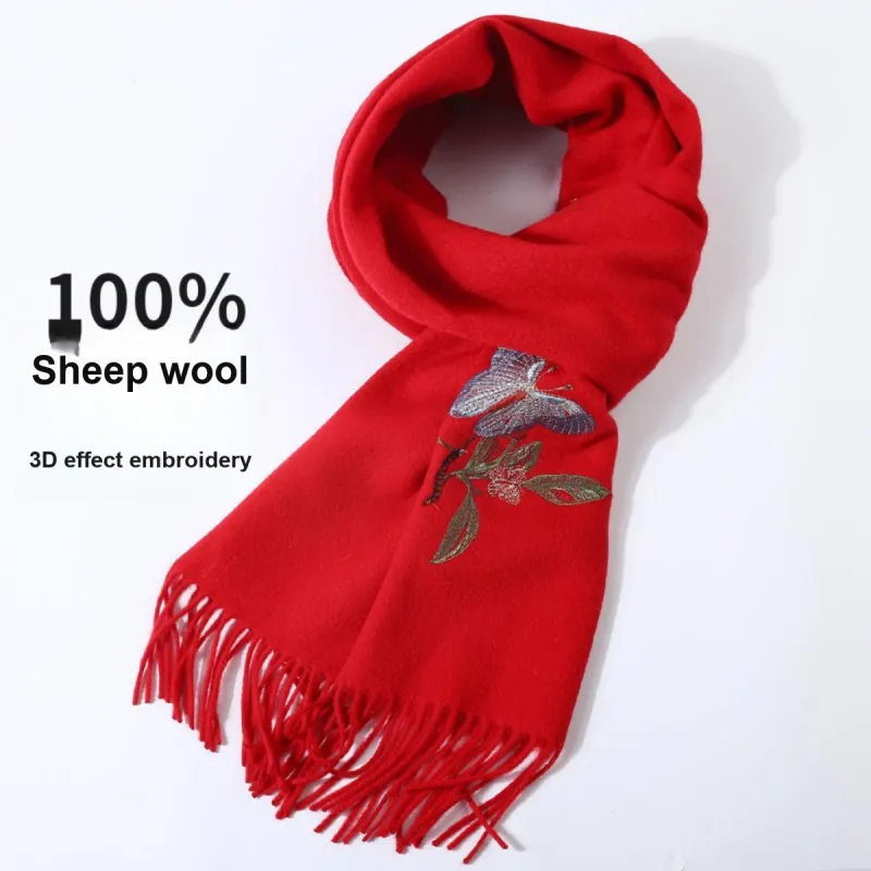 Shanghai Story 100% Sheep Wool Knit Scarves Women's Floral Butterfly Dance-2