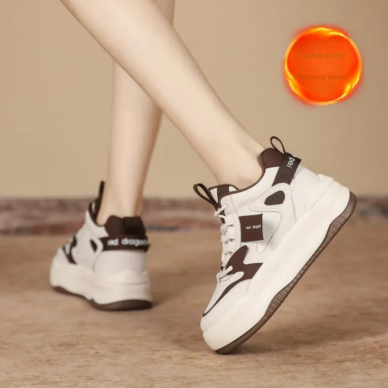 RED DRAGONFLY Platform Shoes Warm Height Increasing Mid-Top Casual Shoes Women's White Black White Brown-20