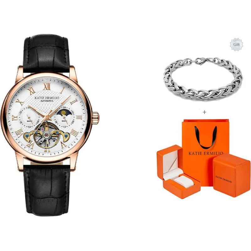 Katie Ermilio Wrist Watch Automatic Mechanical Movement Genuine Leather Strap White Dial Men's Watches-16