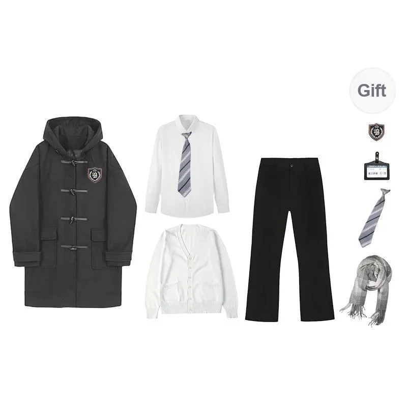 YuChaJia Uniforms Men Dark Gray Coat Set Coat+Shirt+Cardigan+Suit Pants-0