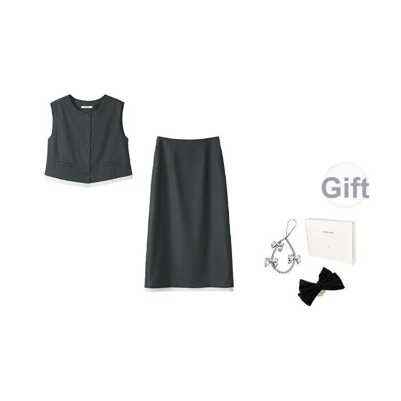 Fstudio Корейский стиль Универсальный Элегантность Круглый вырез Цветовой блок Модный Комплект с юбкой Женские