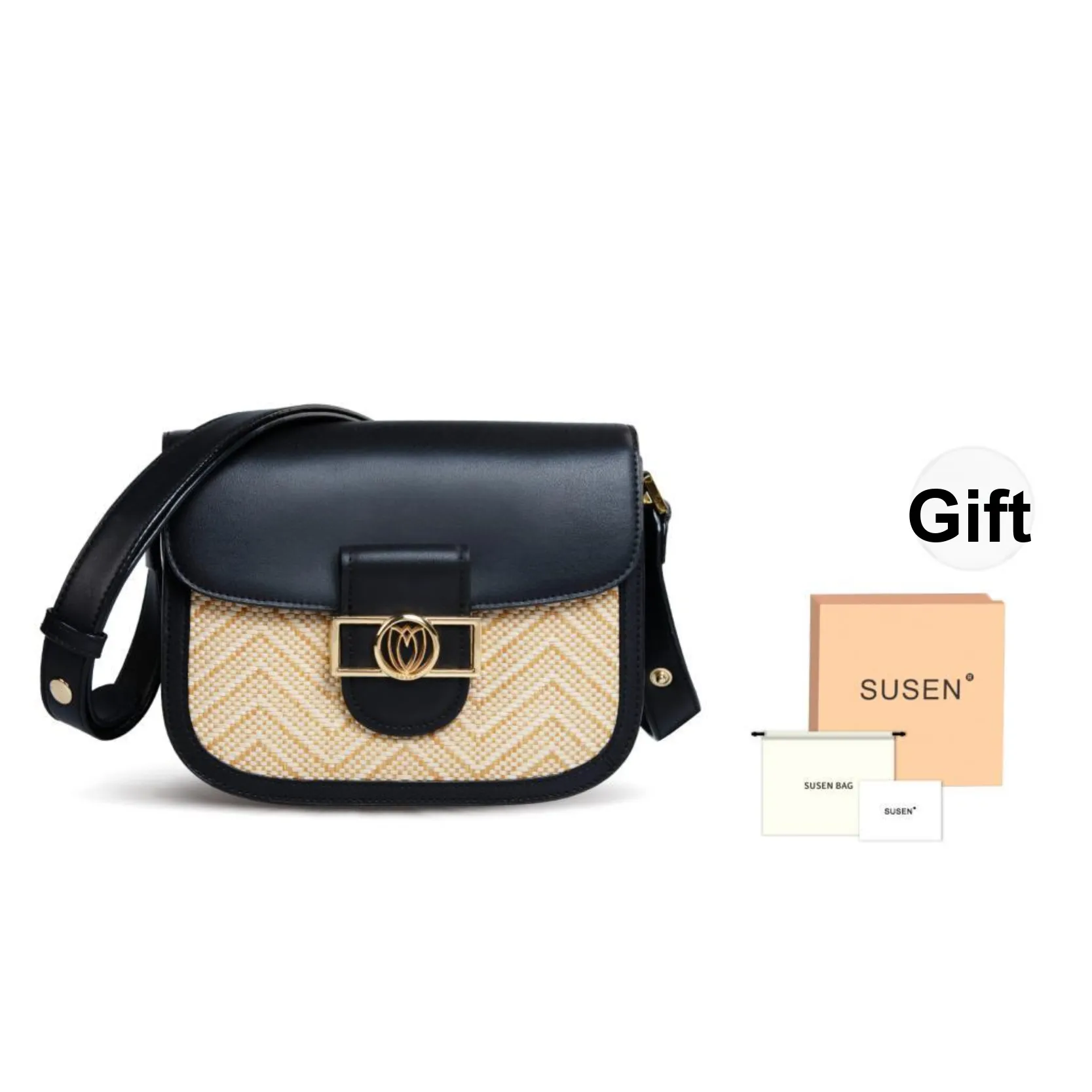 SUSEN Eco Friendly Technical Fabric Saddle Bag, Straw Bag, Shoulder Bag Regular Women's Black