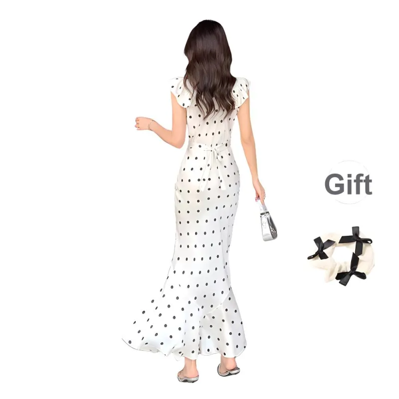 TURN UP Short Sleeved Dress Women's Polka Dot+Bowknot Hair Tie Comes With-1
