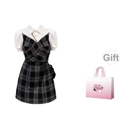 SKYA Короткий рукав платье женское черное в клетку