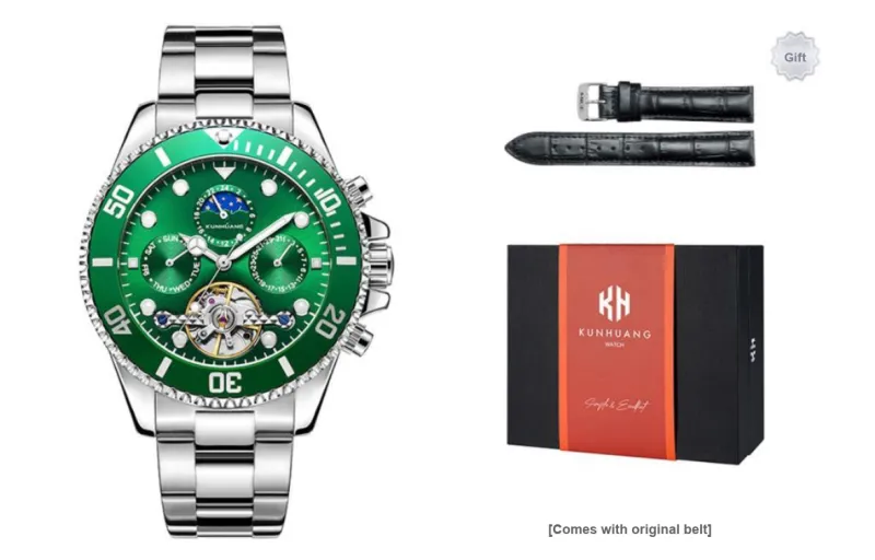 KUN HUANG Nautical Collection Mechanical Movement Stainless Steel Strap Watch Men's Watches Green Dial-14