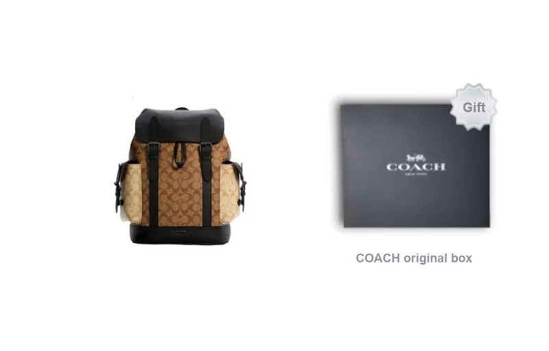 COACH Hudson Canvas With Leather Backpack Medium Size Men's Khaki Brown & Black-3