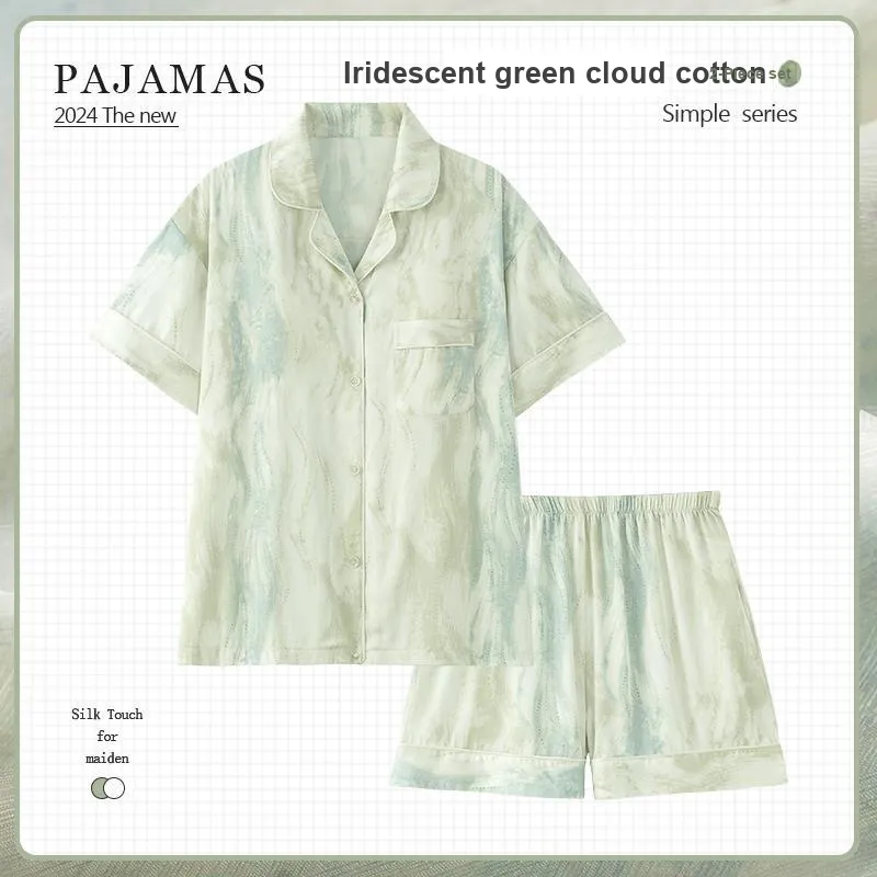 Qiao Ni Tong Pajama Set Women's Iridescent Blue Green-3