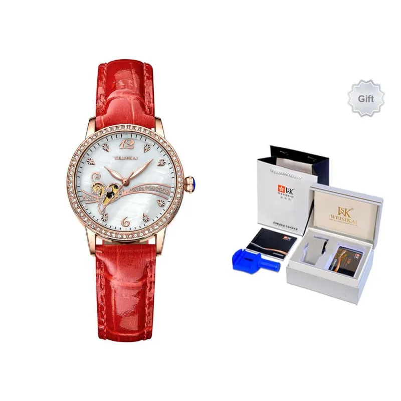 WSK Automatic Mechanical Movement Cowhide Strap Watch Women's Watch Green Dial-14