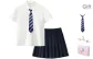 Gift Box Set, White Shirt (Slim Fit)+Navy Blue Pleated Skirt (Adjustable Waist) Comes with Tie+Hanger