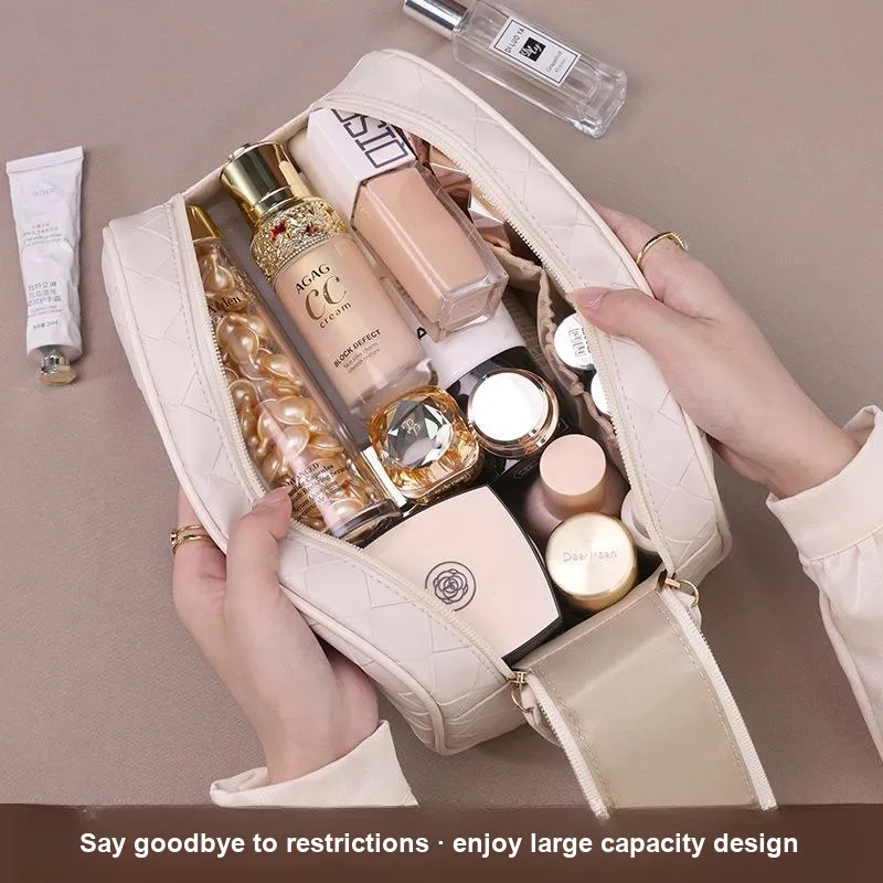 ZHIYIN Solid Color Portable Skincare Storage Bag With Double Zipper, Large Capacity, Unisex Make up Tools-2