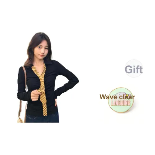 LANGQING Черный и Желтый Клетчатый с Wangqing Бренд Наклеенный Женские T-Рубашки