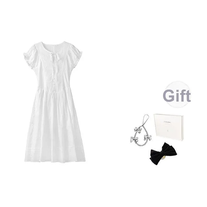 Fstudio Лето Корейский стиль Наушники Вышивка V-образный вырез 100% хлопок Рукав-буф Короткий рукав Платье Женское