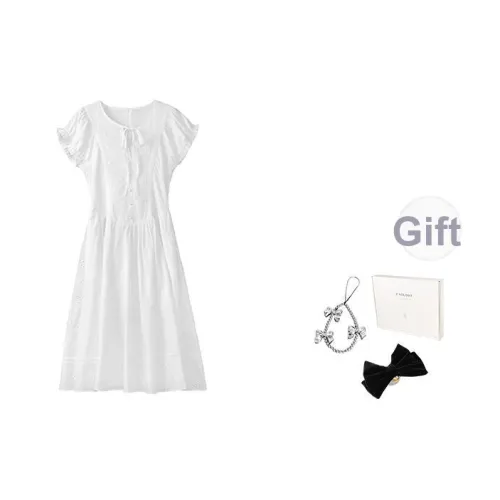 Fstudio Лето Корейский стиль Наушники Вышивка V-образный вырез 100% хлопок Рукав-буф Короткий рукав Платье Женское