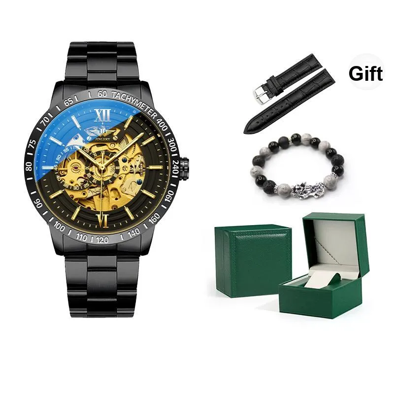 JINLERY Automatic Mechanical Movement Stainless Steel Watchband Watch Men's Watches Black Dial
