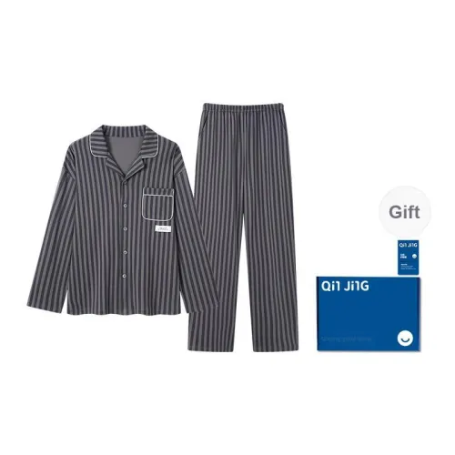 Qin Jing Pajama Set Men's Gift Box Set Gray Stripes
