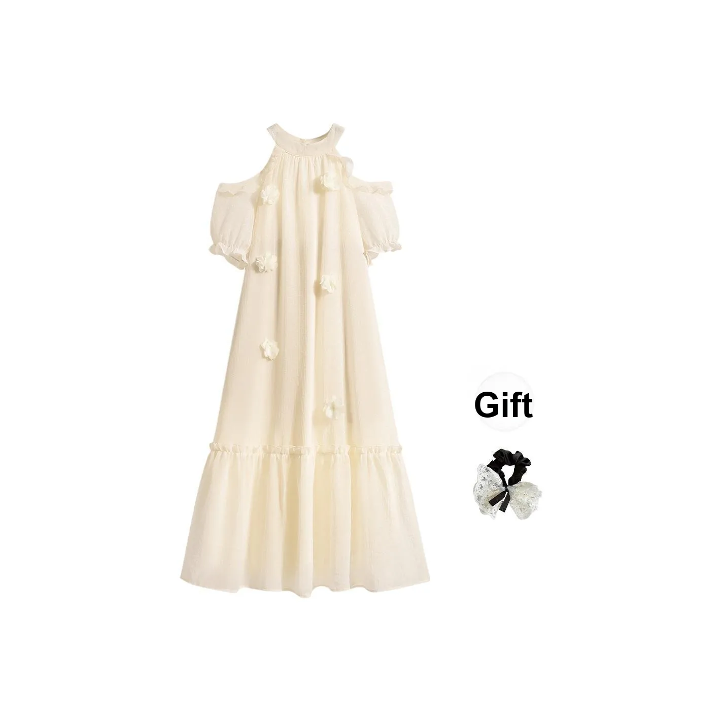 TUSHIFEI Short Sleeved Dresses Women's Apricot Long+Hair Tie Comes With