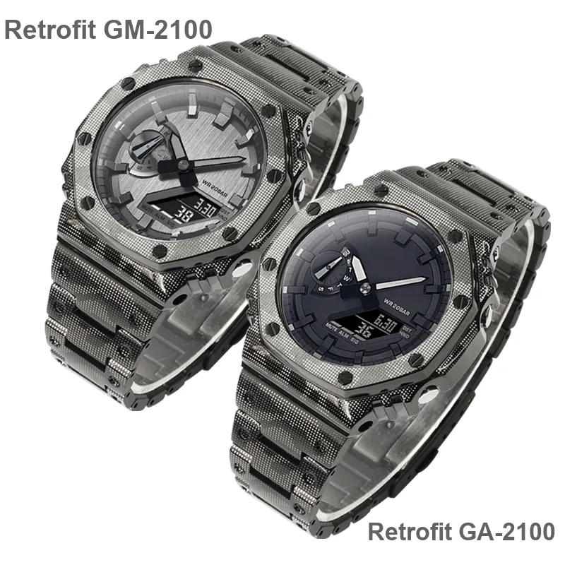 Keppot Compatible GA 2100 GA 2110 GA B2100 GM 2100 Customized Farm Oak Metal Watch Case Strap Unisex-16
