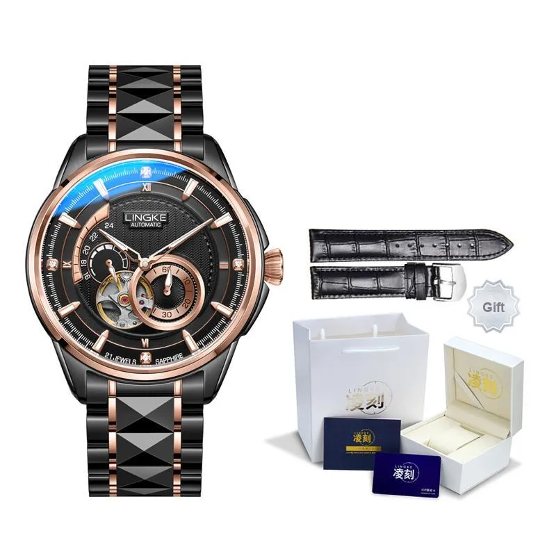 LINGKE Automatic Mechanical Movement Steel Strap Watch Men's Watches White Dial-13