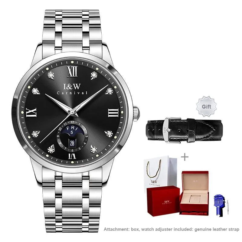 I&W CARNIVAL HWGUOJI Automatic Mechanical Movement Stainless Steel Strap Watch Men's Watches White Dial-22