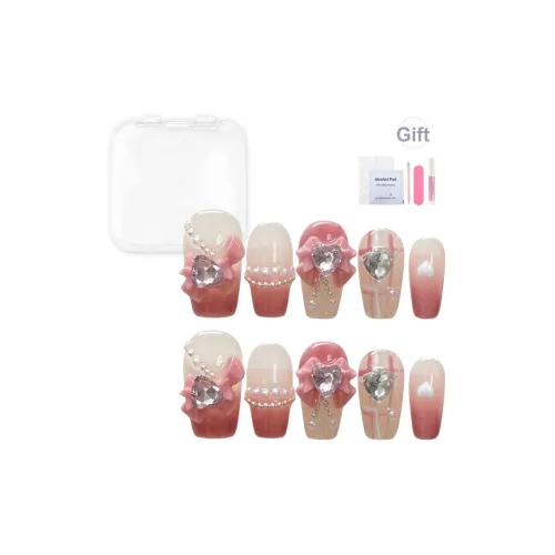 Yun Yue Joe Весеннее письмо Розовая клетка Искрящийся Sweet Style Bowknot Handcrafted False Nail Средний LADDER 20 мм