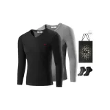 V-Neck Fleece-Lined 2 Pack (Black+Light Gray) with 2 Pack Socks+Shopping Bag Included