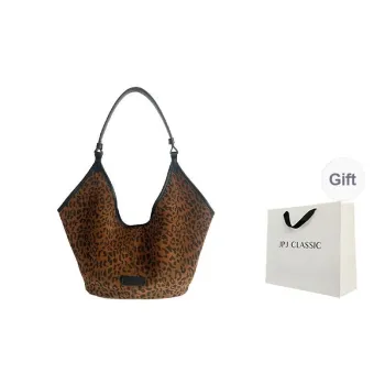 JPJ Cow Leather Tote Bag, Shoulder Bag Women's Leopard Print Brown