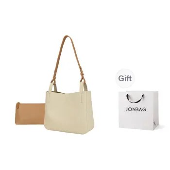 JONBAG Synthetic Leather Basket Bag Bucket Tote Shoulder Bag Medium Size Women's Matte Almond