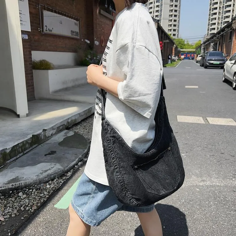 Alcohol Dragon Denim Shoulder Bag Women's Black/Dark Blue/Light Blue-6
