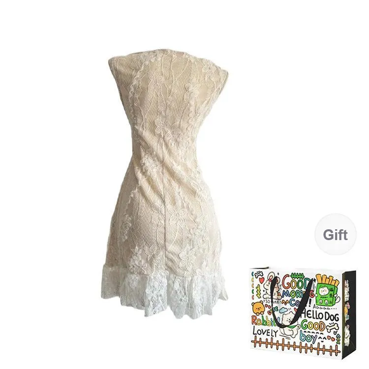 OURUOKE Sleeveless Dress Women's White+Brooch-1