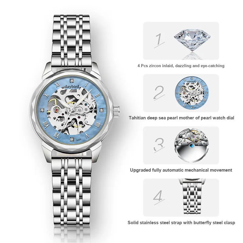 DAYBIRD Automatic Mechanical Movement Watch Women's Watch Cut-Out Dial-13